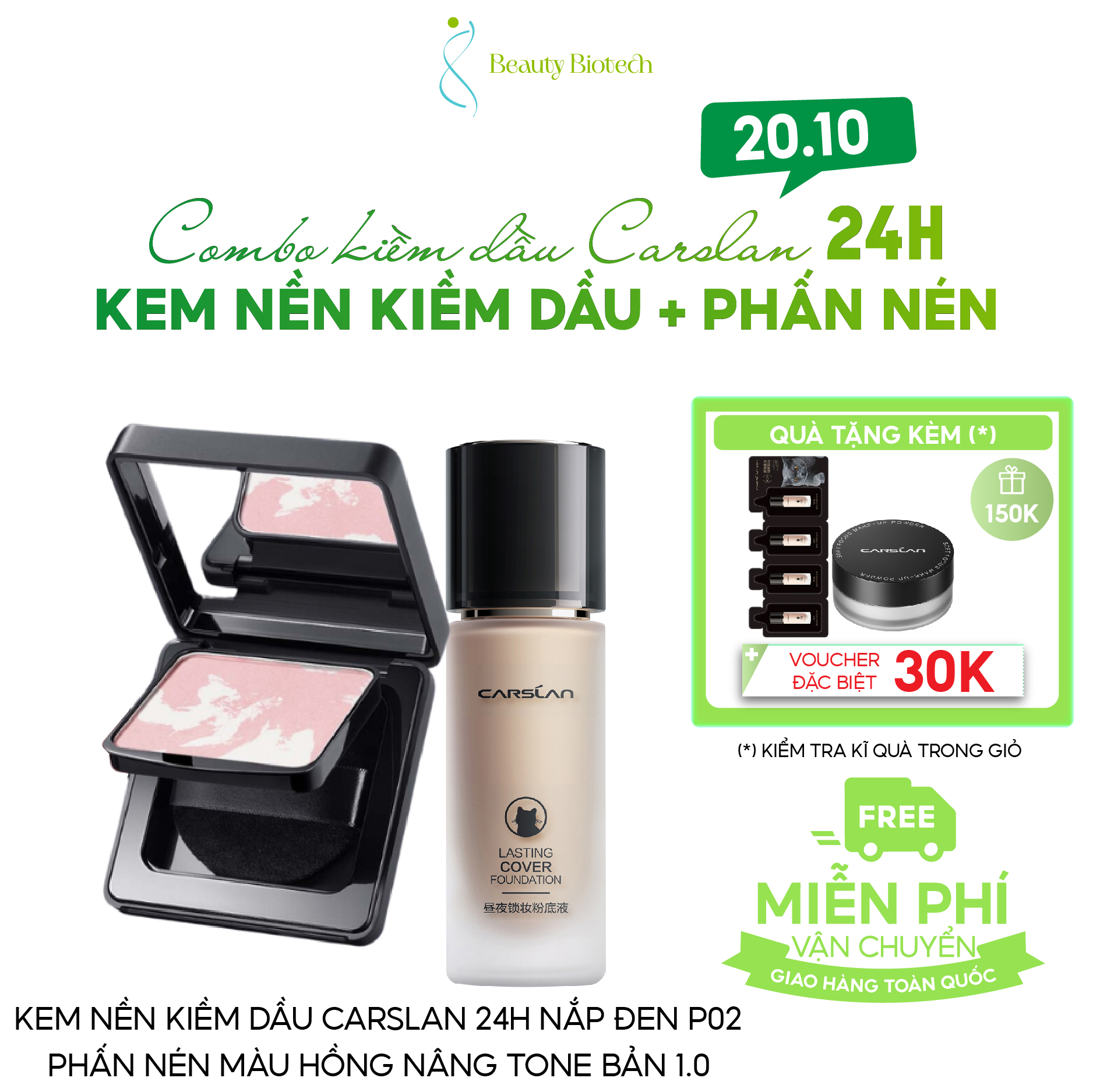 [COMBO CARSLAN] Combo Mịn Lì Kem Nền Kiềm Dầu Nắp Đen P02+ Phấn Nén Carslan 1.0